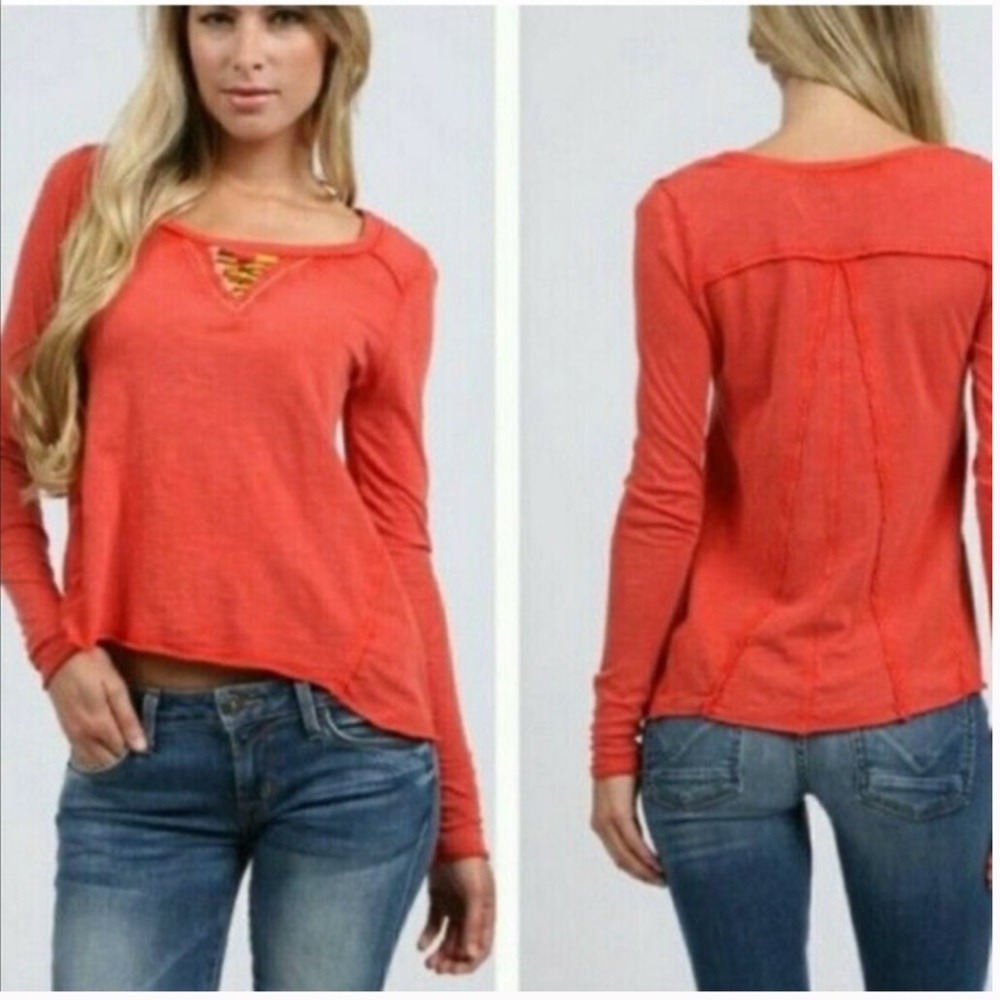 Free People Blood Orange Long Sleeve Beaded Neck Cotton Henley Blouse